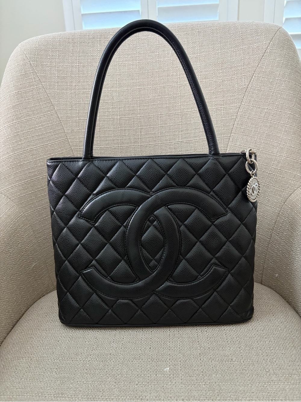 CHANEL Black Quilted Caviar Leather Tote with Interlocking CC